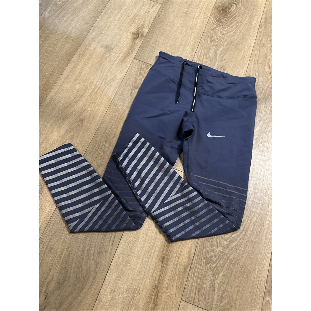 Nike Dri Fit Running Fitness Pants Women's Blue Logo Stripe Leg Medium